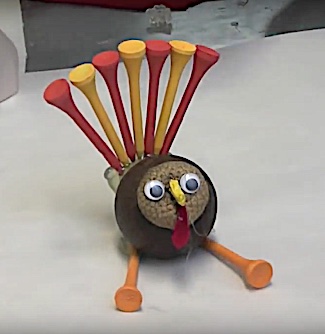Glue on googly eyes to the acorn cap of the golf ball turkey