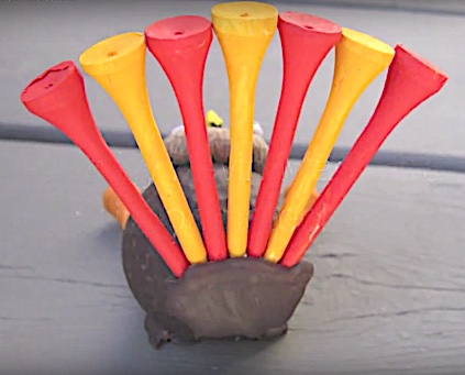 Back view of how to make a golf ball turkey for Thanksgiving