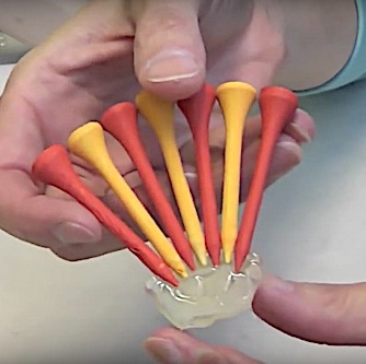 The red and orange golf tees glued together with hot glue to form tail feathers of turkey