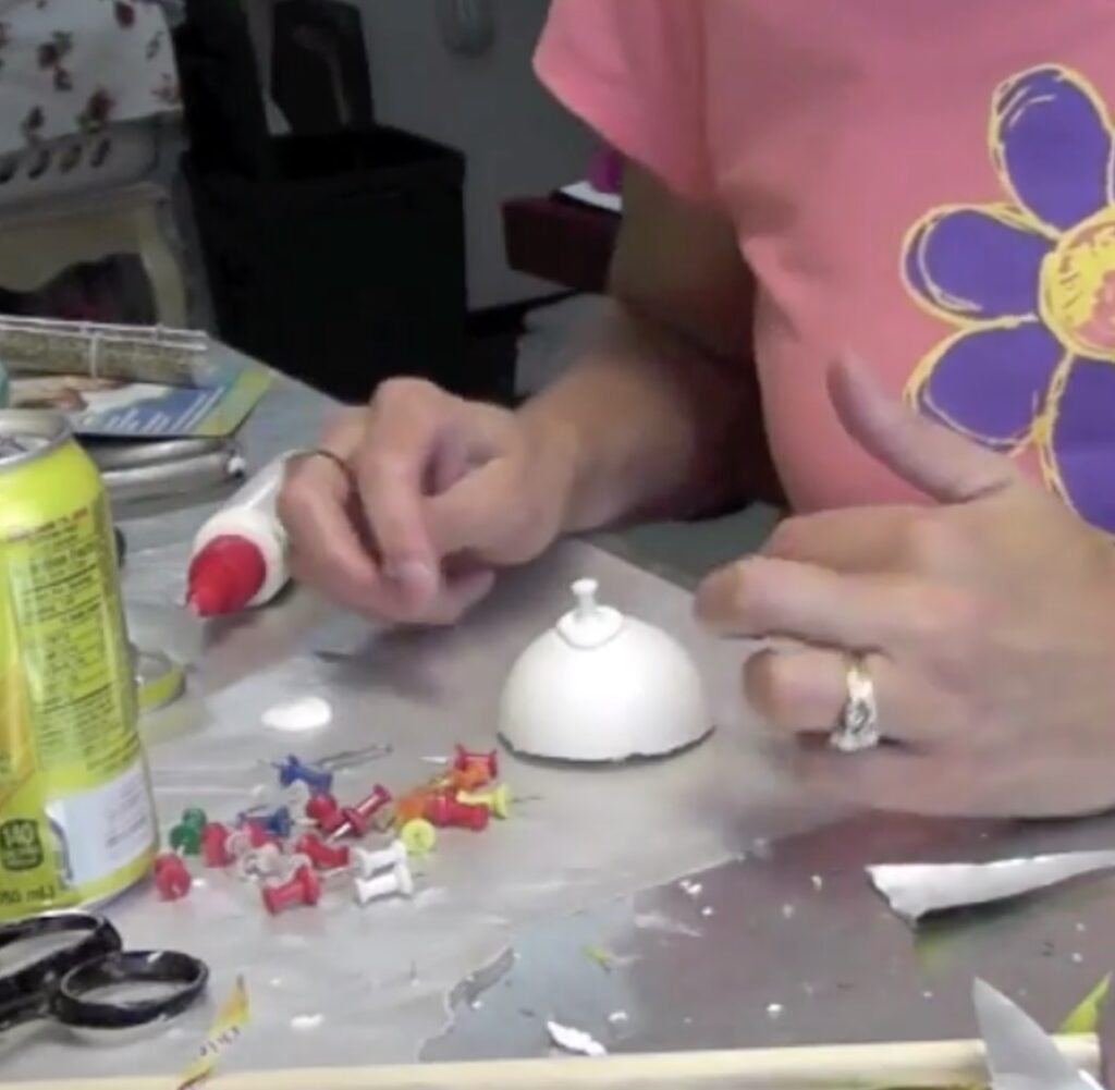 tick the gluey pushpins into the half styrofoam ball