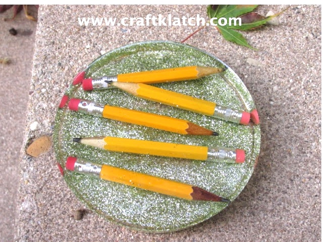 Green glitter and pencils resin coaster for back to school decor