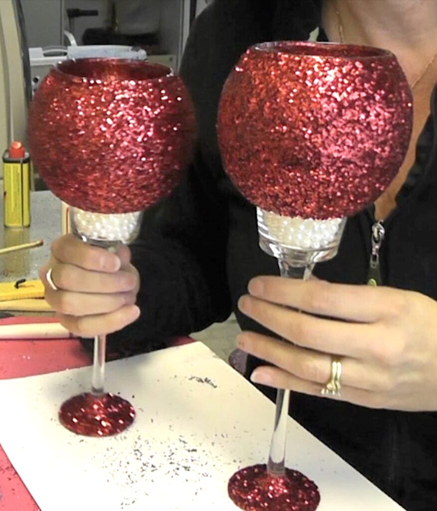 Completed red glitter and pearl glass candle holder diy | glittery goodness