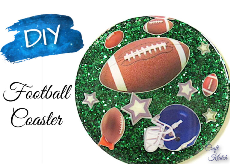 Resin Football Coaster DIY with football helmet footballs and green glitter background