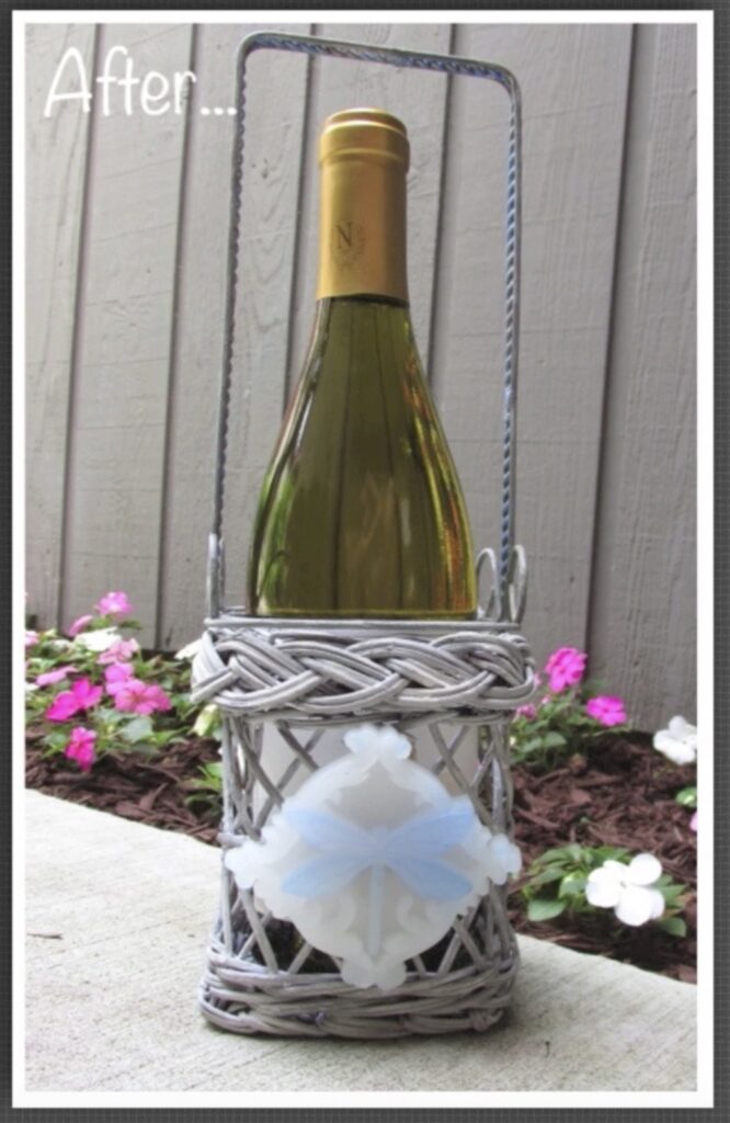 After picture Wine holder saved from the garbage with a beachy makeover and a faux seaglass dragonfly emblem