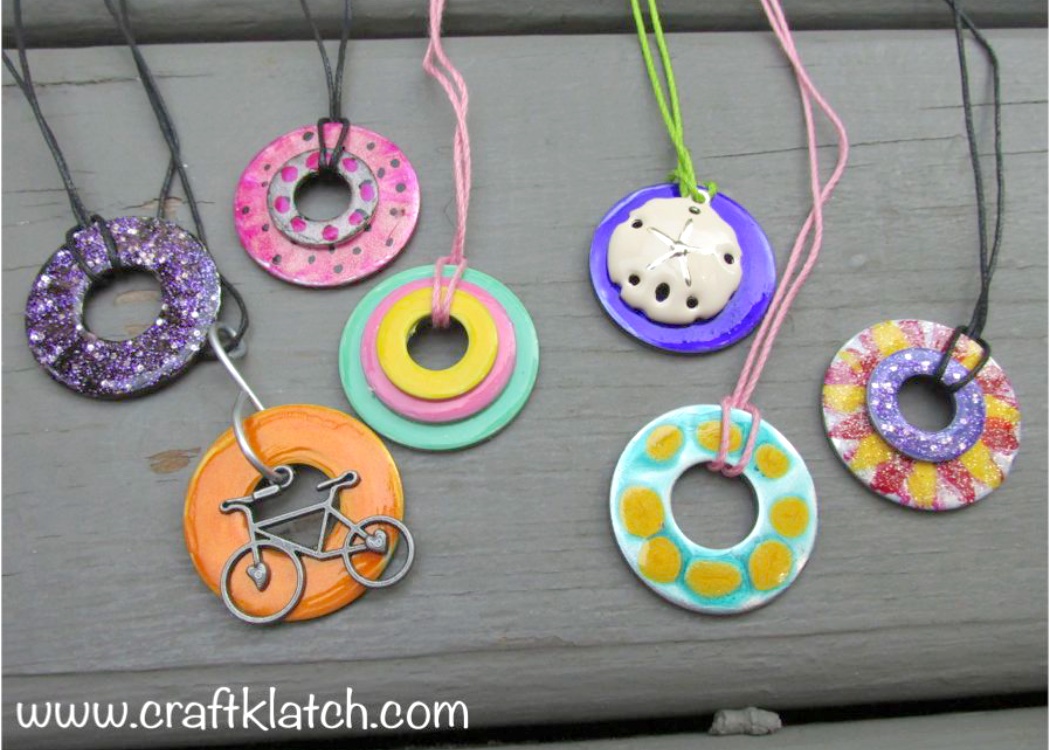 Colorful Washer necklaces, plain with a sand dollar and a bike