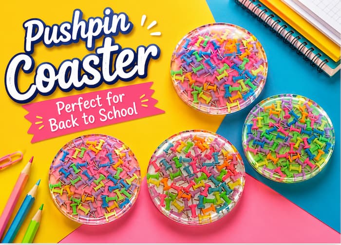four colorful diy back to school resin coasters with pushpins