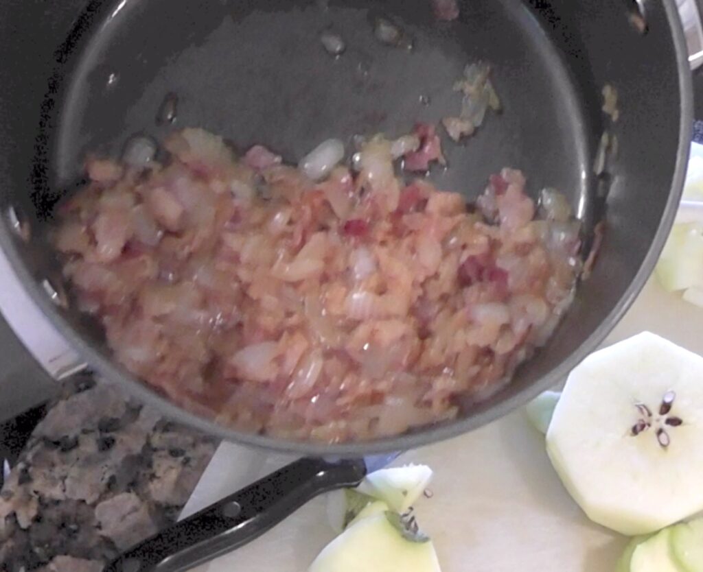 Carmelized onions and bacon in cooking pot