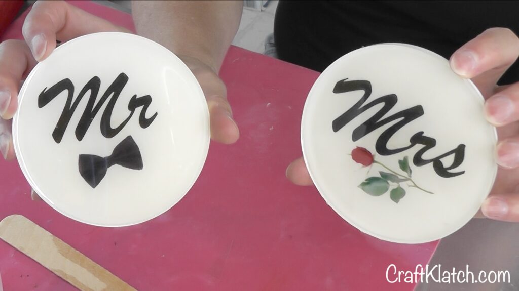Remove the wedding coasters from the mold and reveal the Mr and Mrs resin coasters