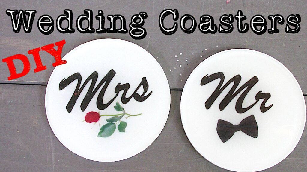 Bride and Groom wedding coasters black and white with a rose and a bow tie