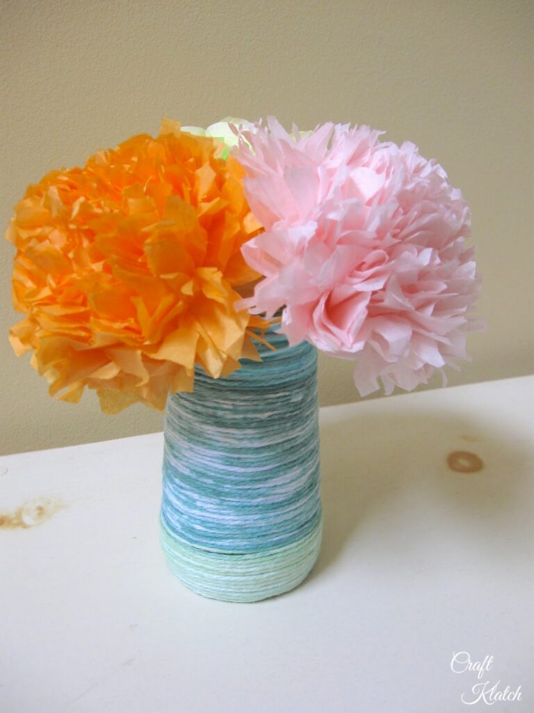 Tissue paper flower bouquet and string vase