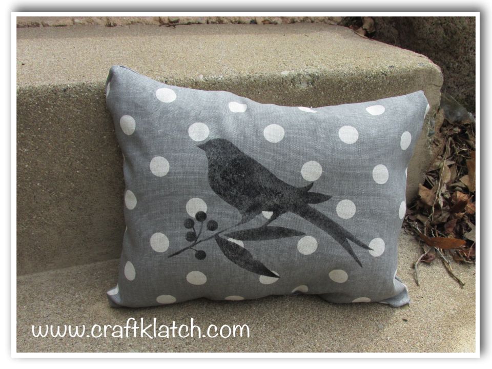 No sew gray and white polka dot  pillow with stenciled bird