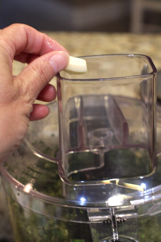 Add garlic to the food processor for the basil pesto recipe