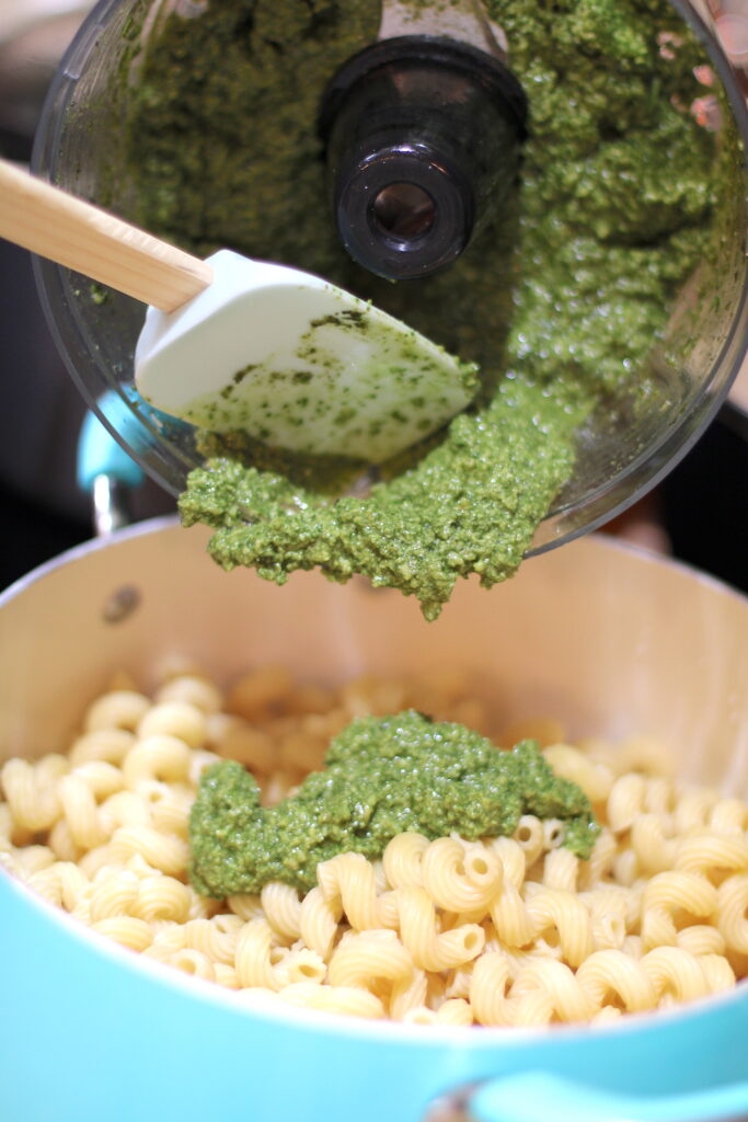 Add completed pesto recipe sauce in with the cavatappi pasta