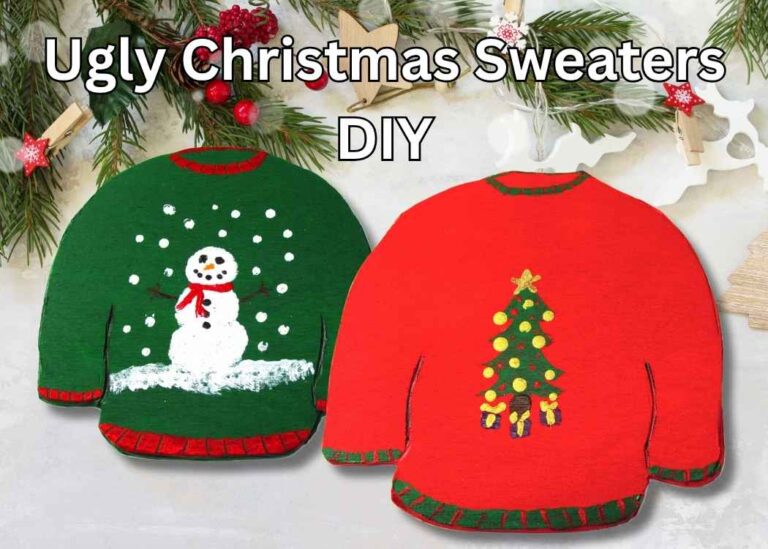 Ugly Christmas sweaters DIY - one with a snowman design and the other with a Christmas tree