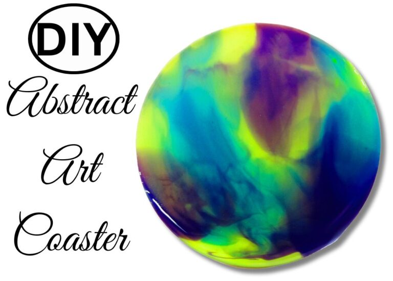Abstract art resin coaster with yellow, blue purple and green