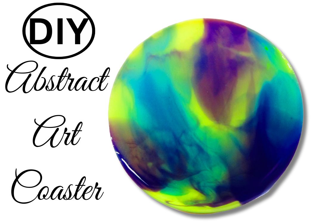 Abstract art resin coaster with yellow, blue purple and green