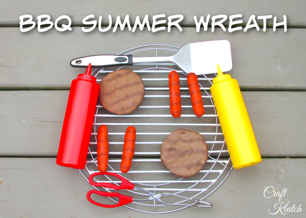 BBQ Summer Wreath with hamburger, hotdogs, ketchup, mustard and a spatula