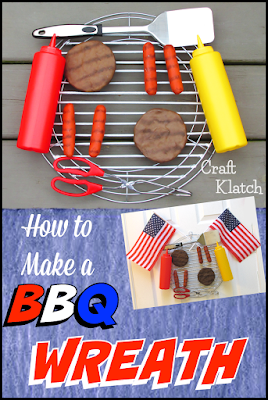 Learn how to make a BBQ Wreath to decorate your front door! It's a perfect patriotic summer wreath craft tutorial! #craftklatch #bbq #wreath #summer #summerwreath #laborday #labordaycrafts #4thofjuly #4thofjulycrafts #patriotic | bbq, barbecue, how, how to, how to make, grill, grilling, hamburgers, hotdogs, polymer clay, polymer clay hamburger, polymer clay hotdog, craft, crafts, crafting, diy, summer, fourth of july, 4th of july, dollar store, dollar store crafts, Dollar Tree