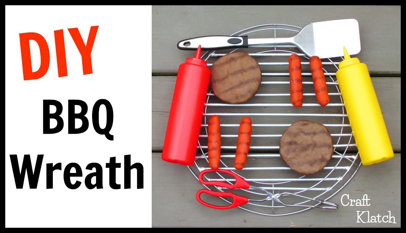 Learn how to make a BBQ Wreath to decorate your front door! It's a perfect patriotic summer wreath craft tutorial! #craftklatch #bbq #wreath #summer #summerwreath #laborday #labordaycrafts #4thofjuly #4thofjulycrafts #patriotic | bbq, barbecue, how, how to, how to make, grill, grilling, hamburgers, hotdogs, polymer clay, polymer clay hamburger, polymer clay hotdog, craft, crafts, crafting, diy, summer, fourth of july, 4th of july, dollar store, dollar store crafts, Dollar Tree