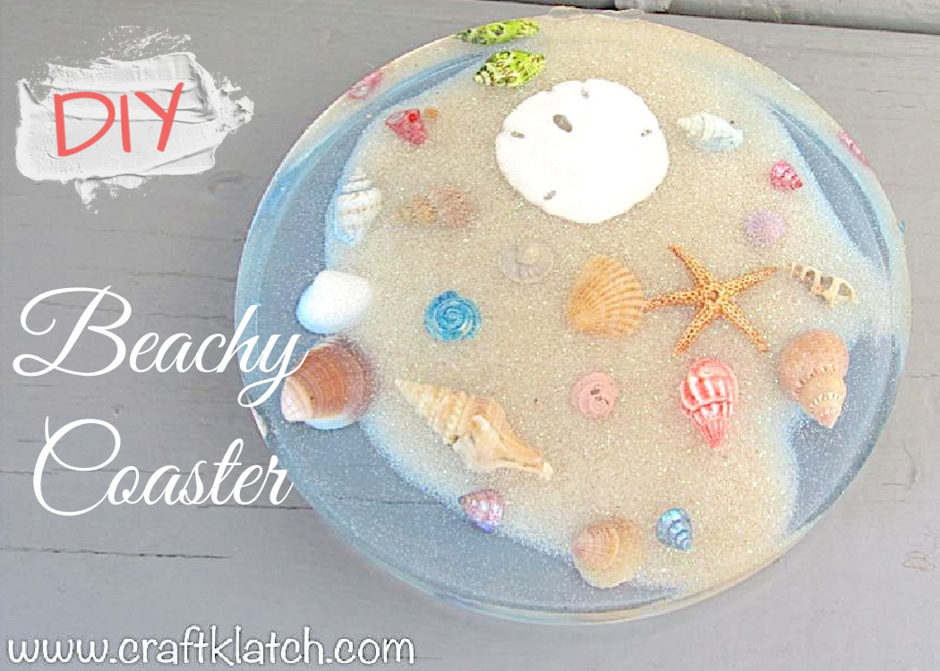 DIY Beachy resin coaster with sand, shells, starfish, sand dollar