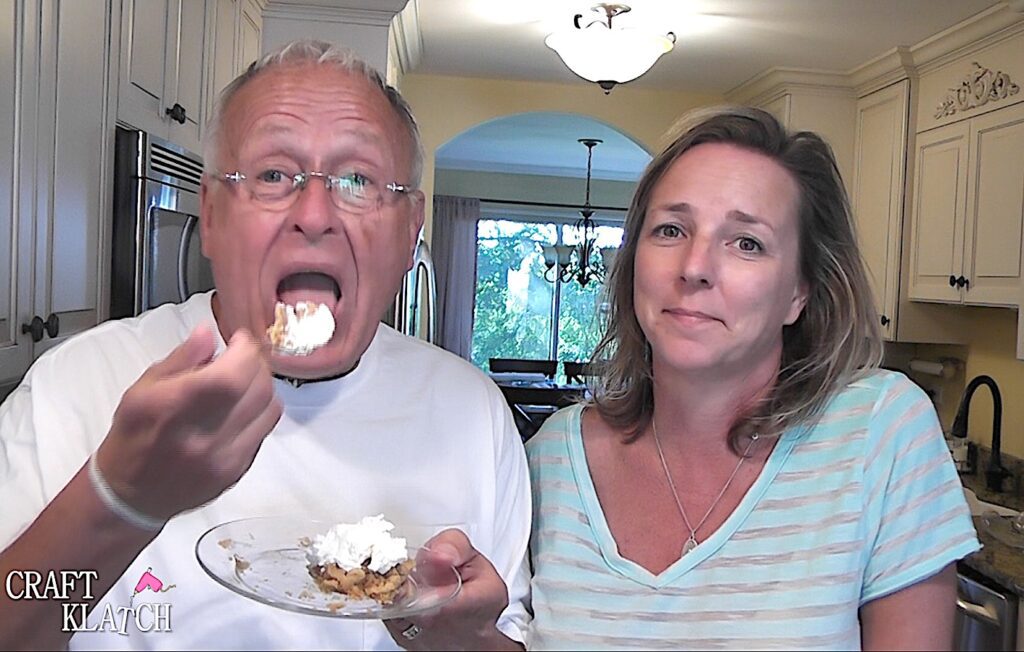Recipe for apple bars | Greg eating apple bars with whip cream and Mona standing next to him