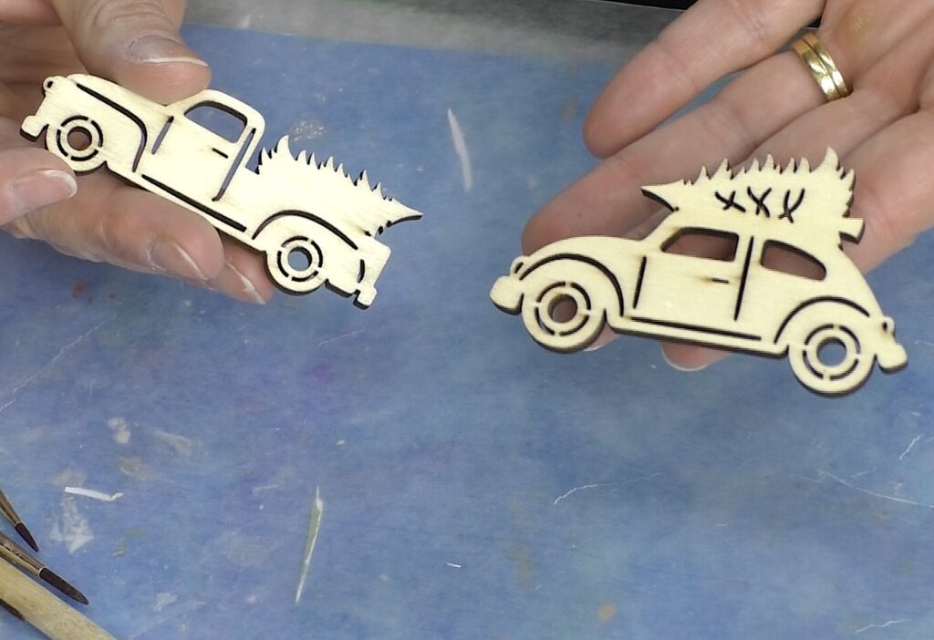 Old pick up truck with christmas tree wood cutout & VW bug wood cutout