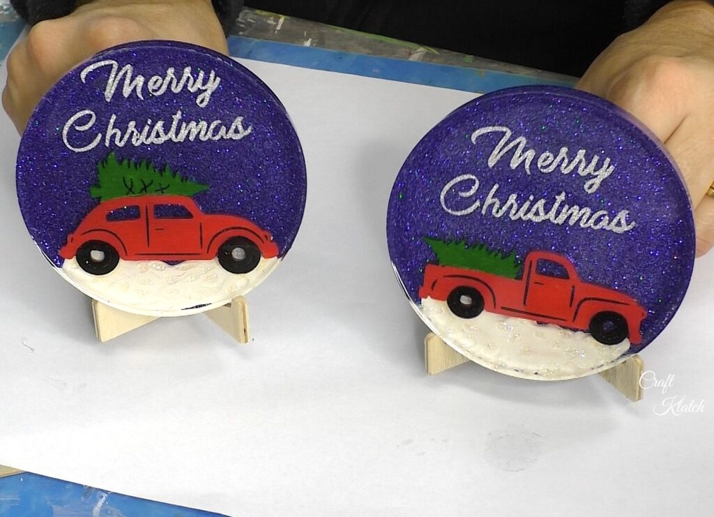 completed vintage pick up truck and vw bug christmas coasters