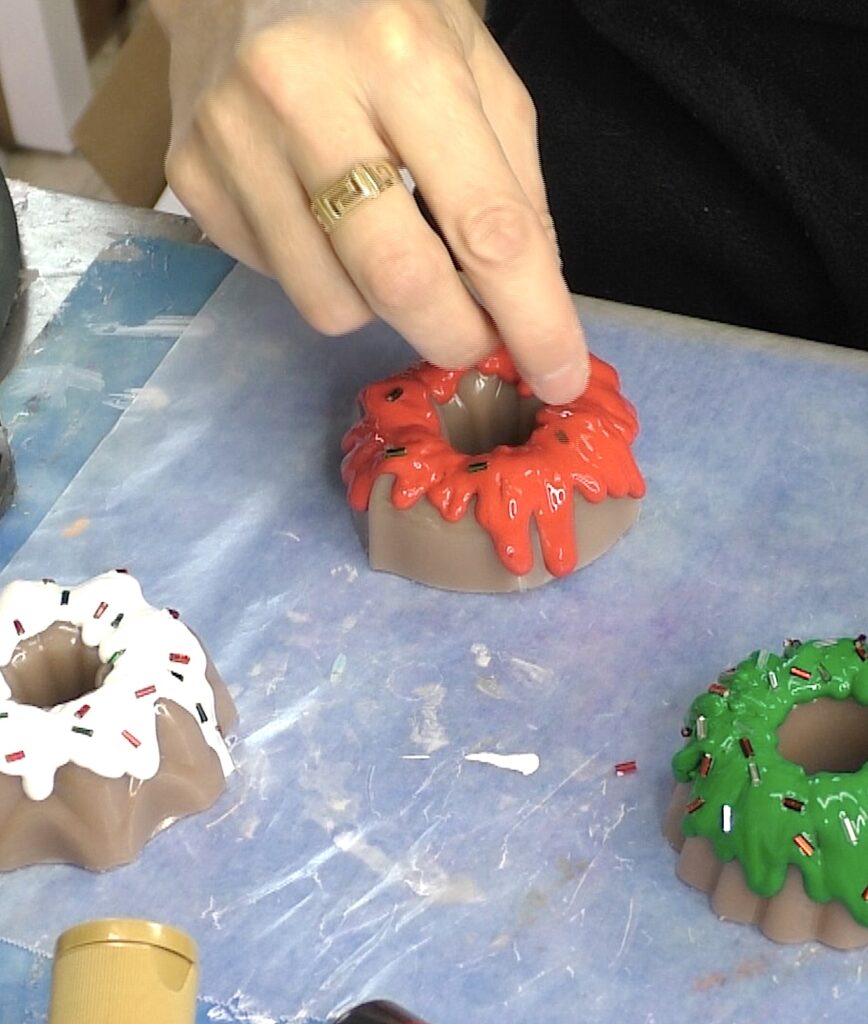 Use bugle beads as sprinkles on the faux mini bundt cakes