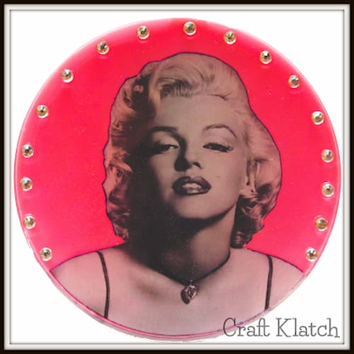 Marilyn Monroe resin coaster with a pink background and gems