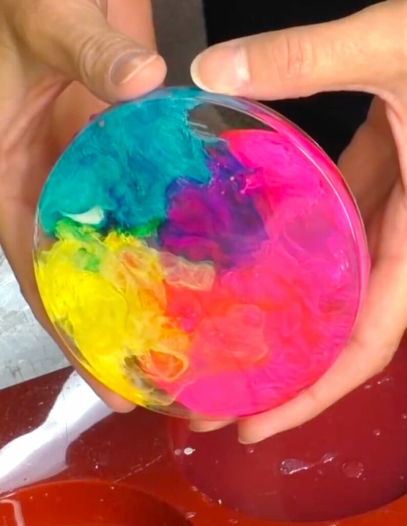 how to make resin coasters reveal with blue yellow and pink alcohol ink