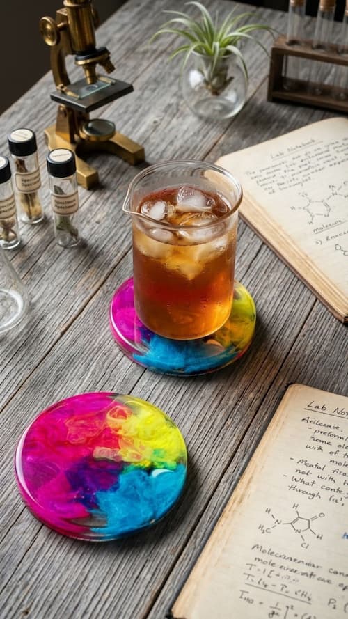 colorful resin coaster made with alcohol ink on a table with books and a glass of iced tea