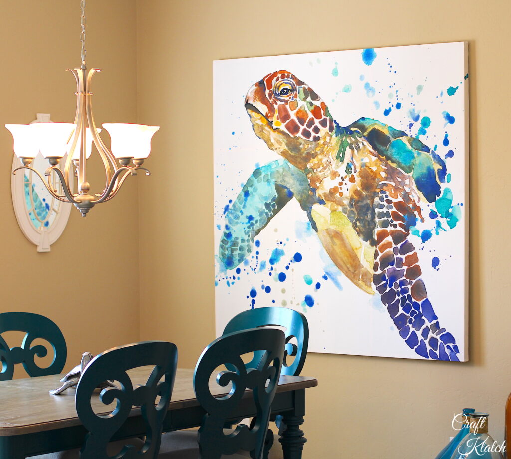 Big sea turtle wall art on dining room wall