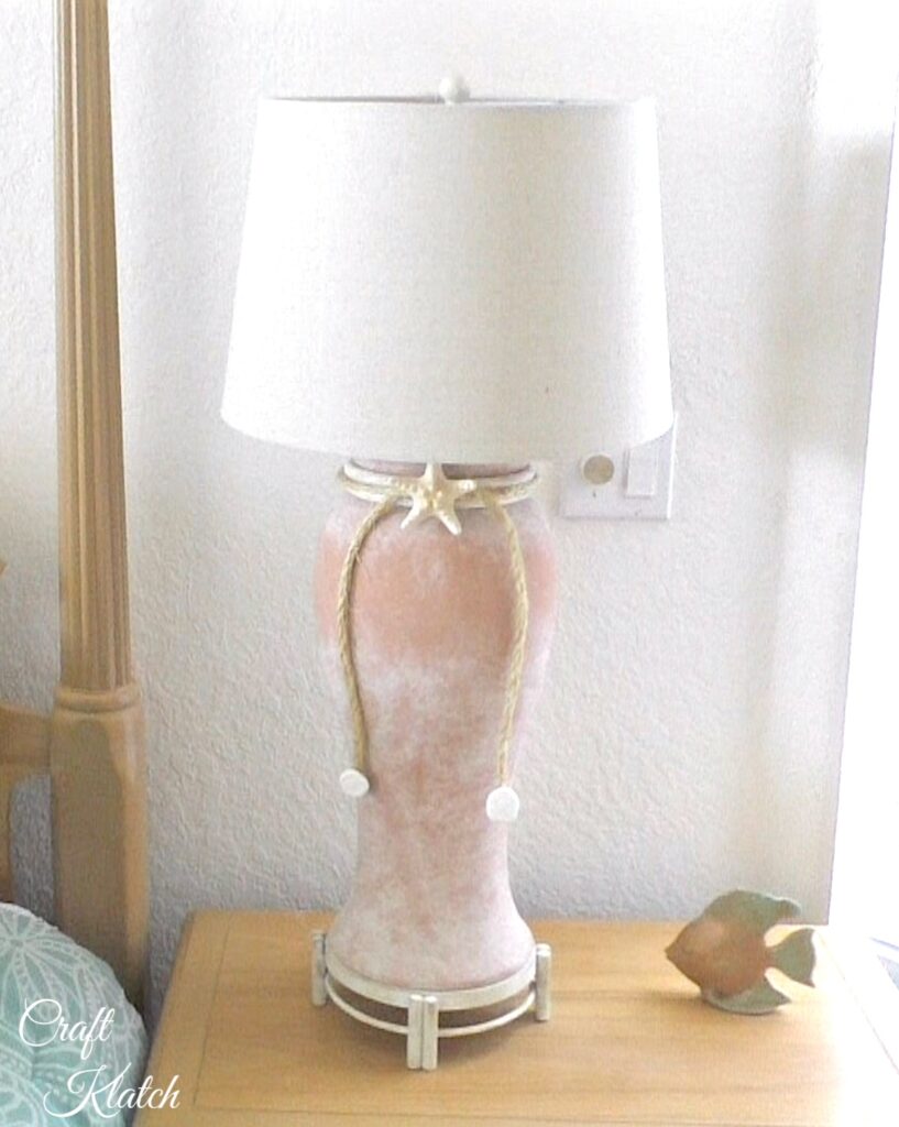 Completed coastal lamp makeover that had a definite beach decor feel