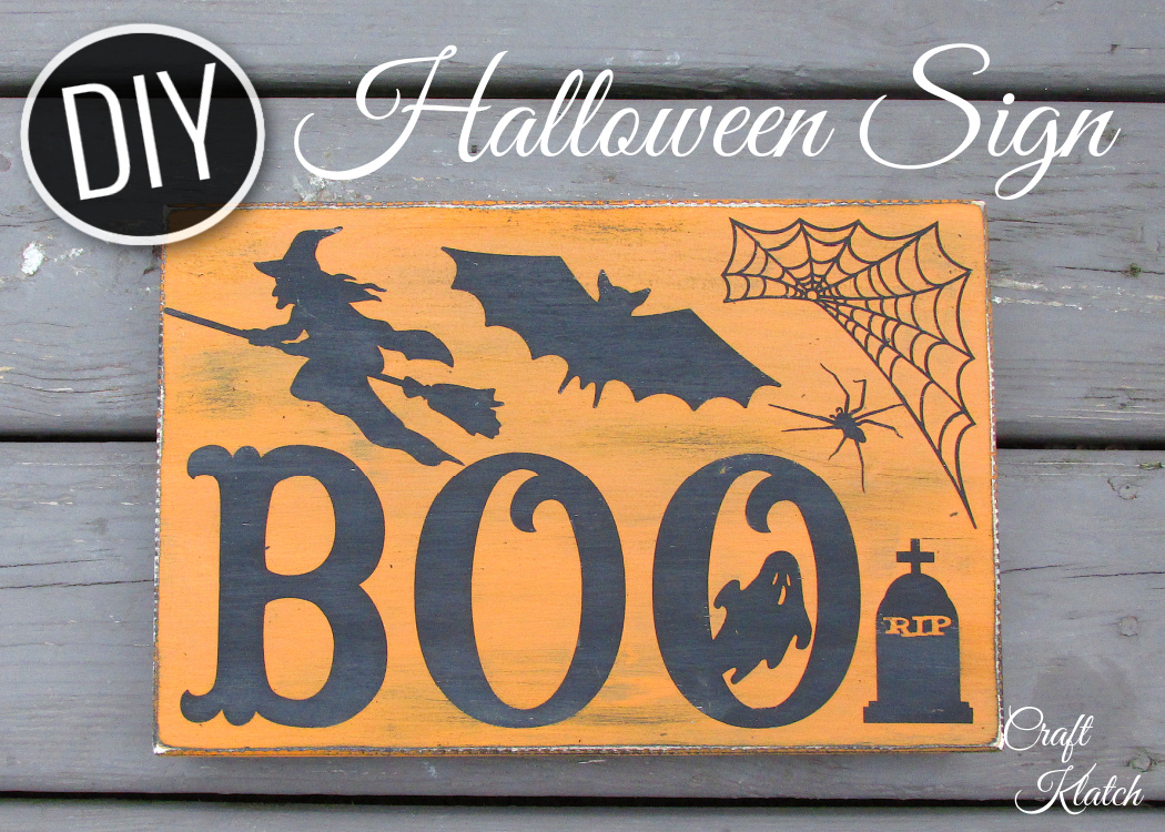 Orange Halloween Sign with witch spider web and bat