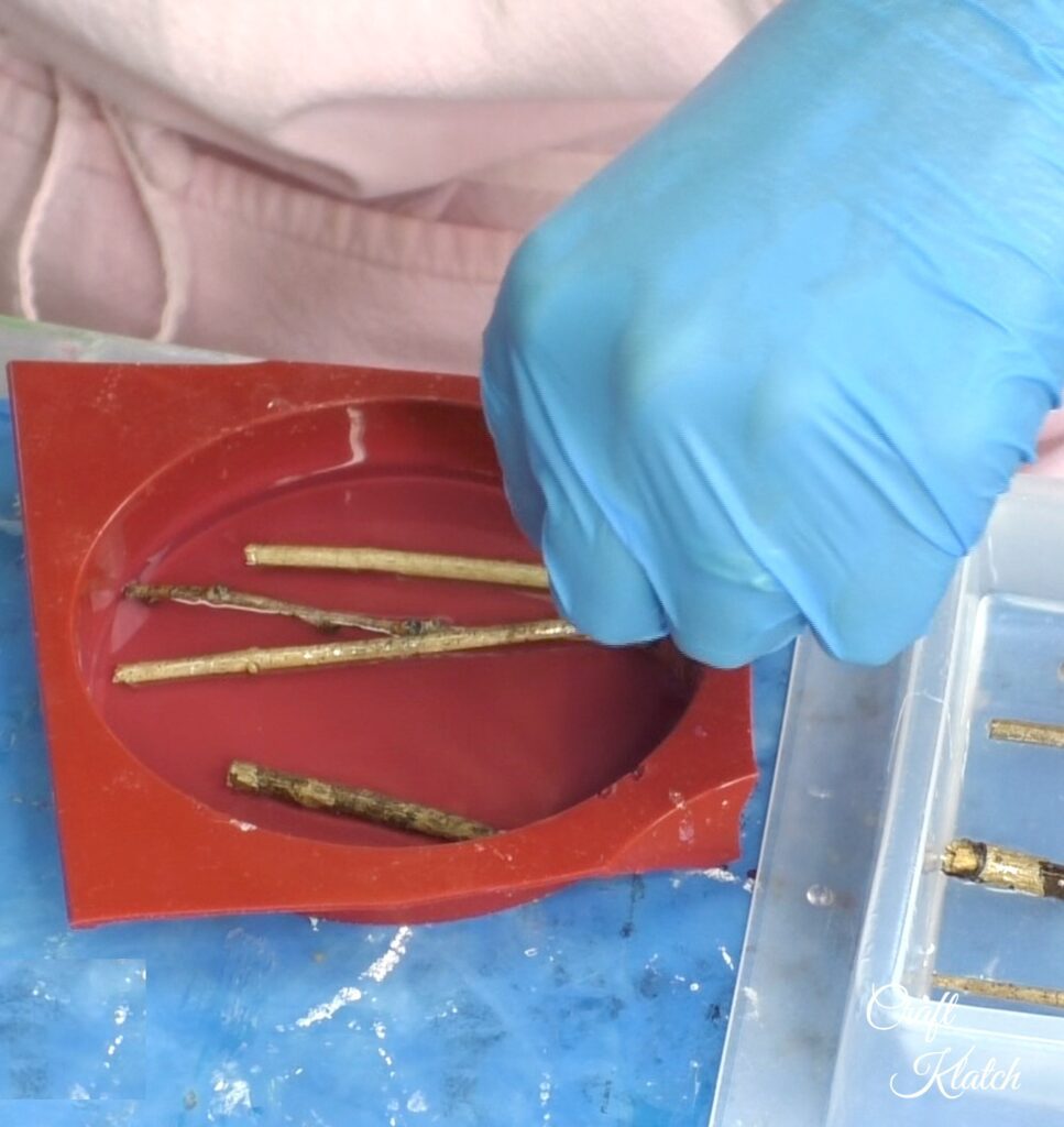 Place sealed twigs in the resin the round coaster mold