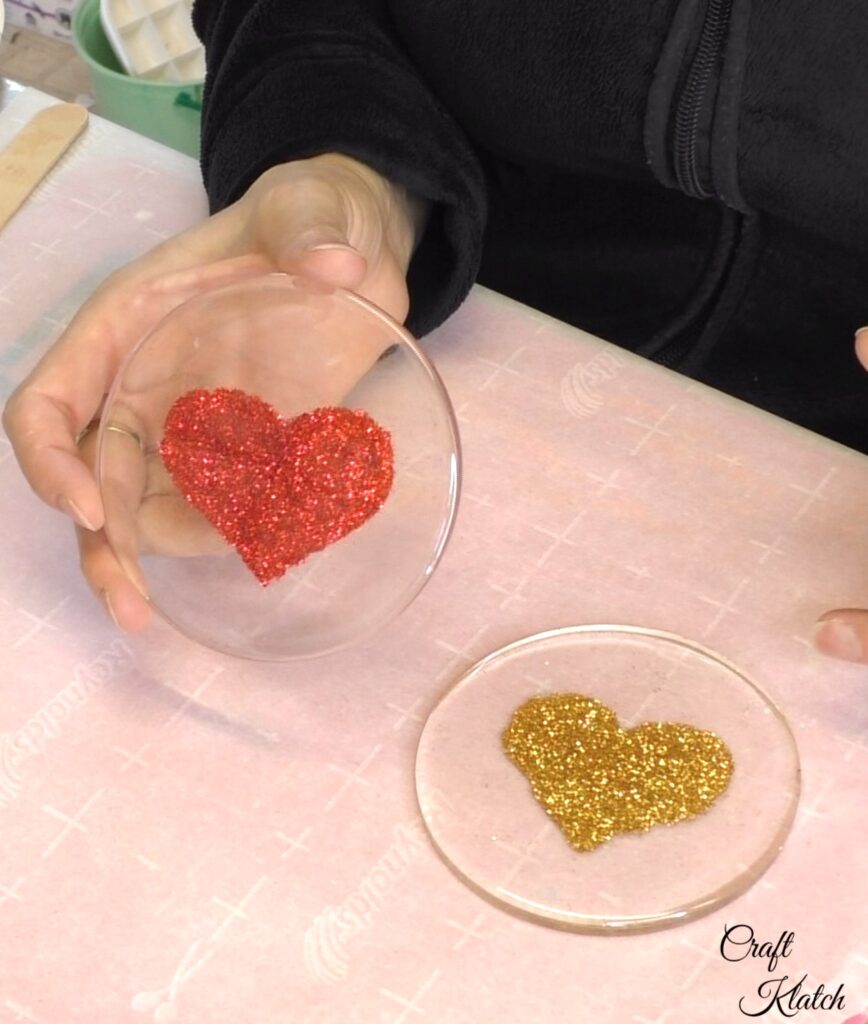 Finished glitter heart coasters red and gold