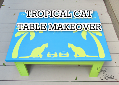 Learn how to give a table makeover, with a tropical touch, in this episode of Garbage to Gorgeous! It's a fun pet makeover for my cats, but the technique can be applied to other furniture projects! Craft Klatch #craftklatch #furniture #makeover #thrifting | furniture painting | painting furniture | furniture makeovers | home interiors | home decor | cat | cats| cat craft | cat table | cricut | cricut crafts | cricut projects | thrift diving | thrifting