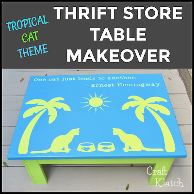 Learn how to give a table makeover, with a tropical touch, in this episode of Garbage to Gorgeous! It's a fun pet makeover for my cats, but the technique can be applied to other furniture projects! | furniture painting | painting furniture | furniture makeovers | home interiors | home decor | cat | cats| cat craft | cat table | cricut | cricut crafts | cricut projects | thrift diving | thrifting