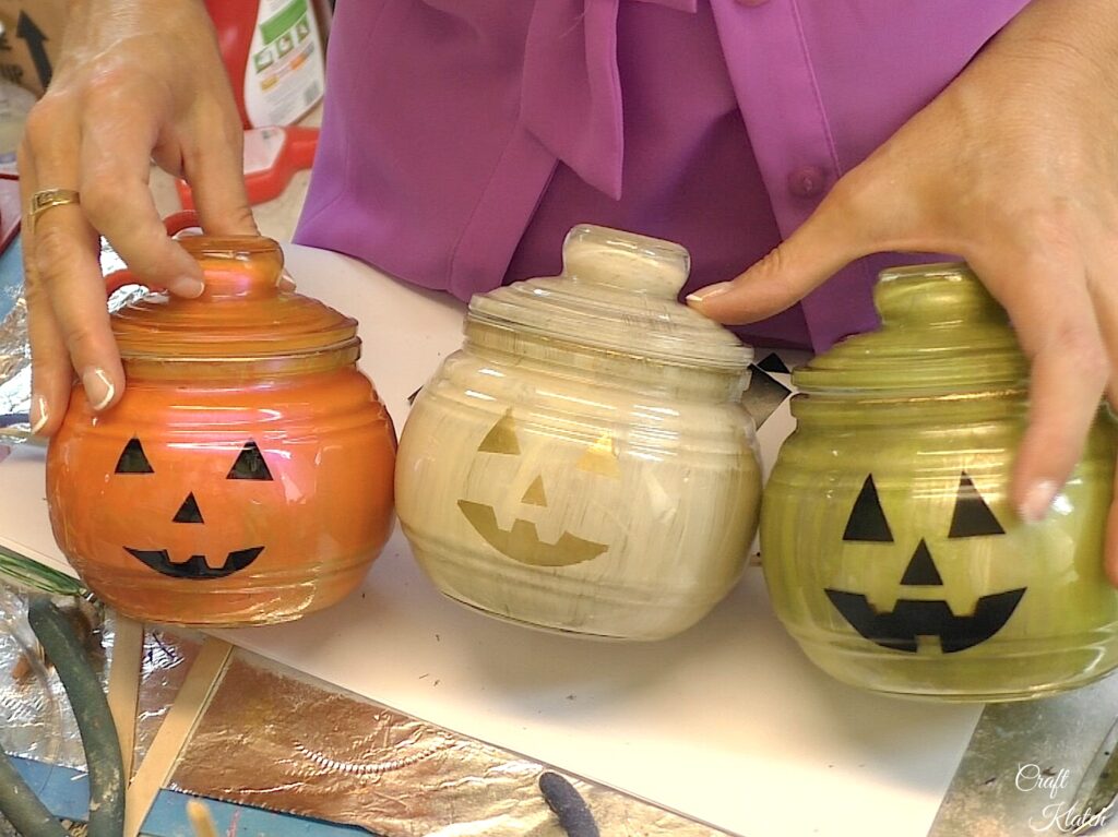 Finished glass pumpkin decorations, orange,green and ivory