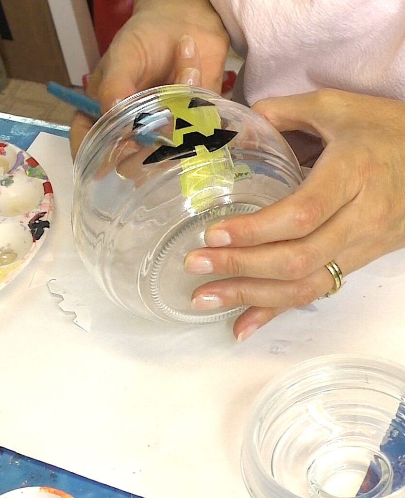 Painting inside of glass pumpkin decorations green