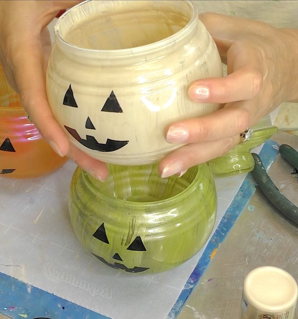 Ivory, orange and green painted glass pumpkin decorations