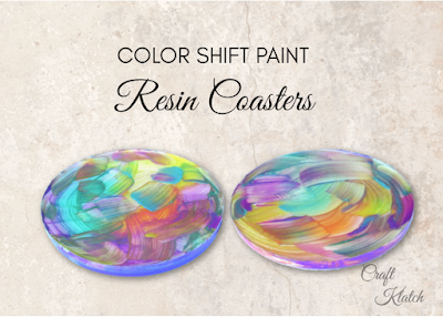 If you are looking for resin craft ideas, here are easy coasters, where I experimented with color shift paint! The color shift paint is supposed to look on color if you look at it from one angle and another color if you look at it from another angle. Craft Klatch #craftklatch #craftideas #resin #resincrafts #resincoaster #resincoasters #resinart #resinprojects #howto #diy #craft #crafts #resinideas