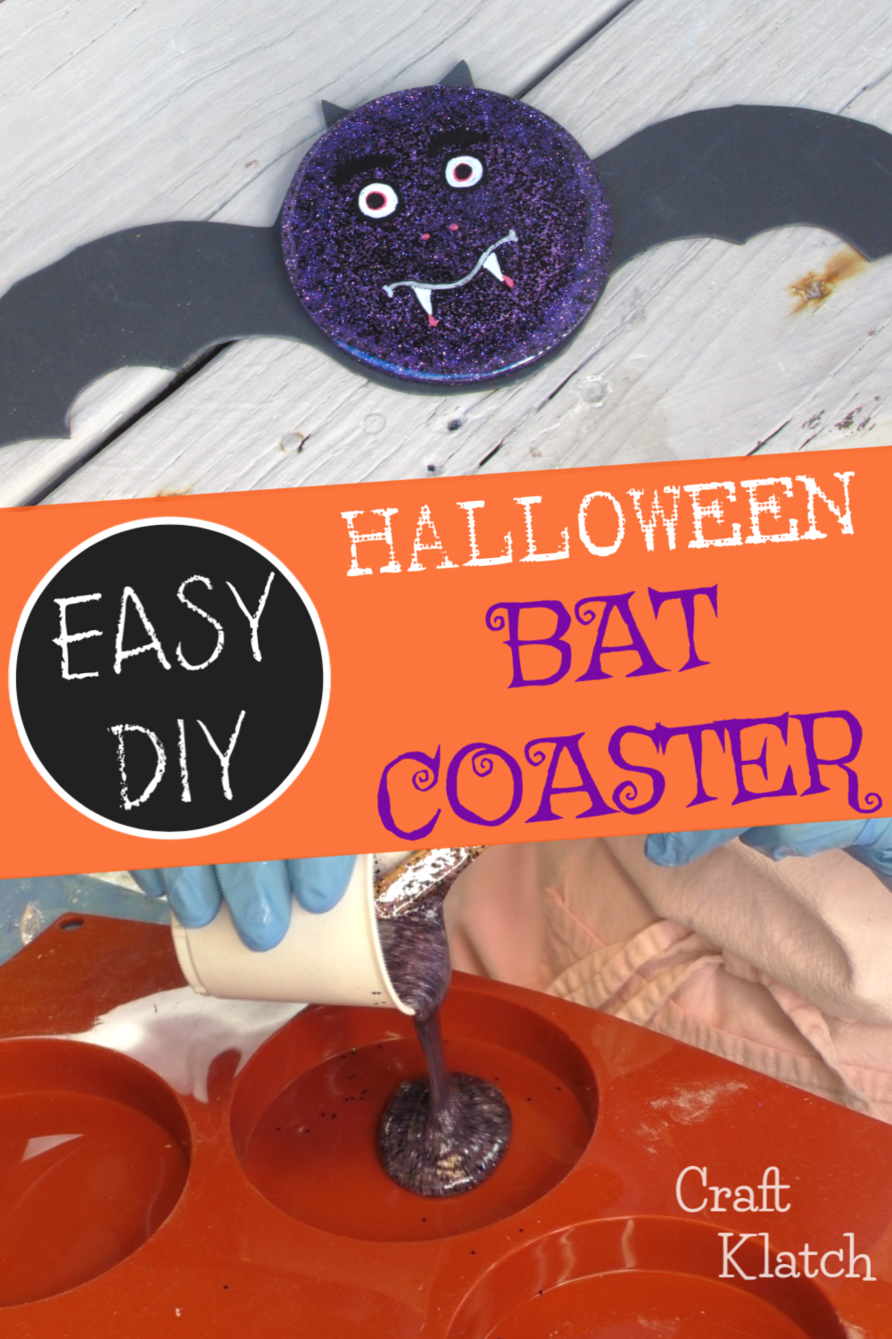 Learn how to make a Halloween Bat Coaster DIY! It's an easy resin coaster! Craft Klatch Resin art | craft ideas | bat | resin crafts | resin coasters | Halloween decorations | Halloween crafts | #craftklatch #resin #resincrafts #resincoaster #resincoasters #coaster #coastercrafts #coasters #resindiy #resinprojects #glitter #diy #craft #crafts #crafting #resinart