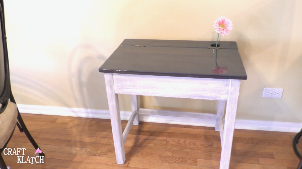 Gray and white stained desk after complete makeover with Unicorn Spit