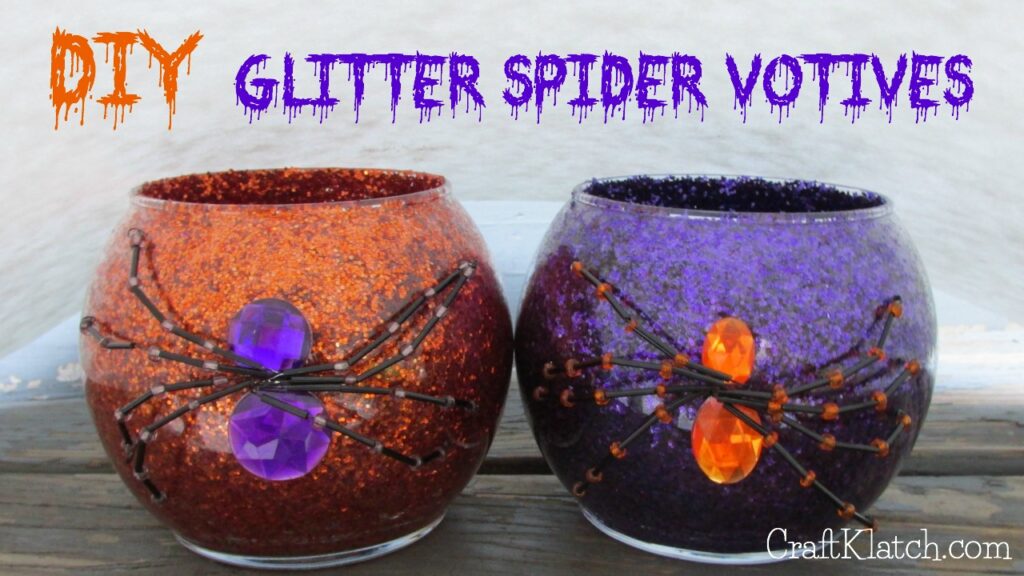Orange and purple glitter votives with gem spiders fall crafts for kids