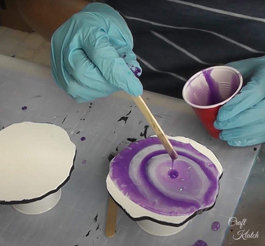 Purple and white resin geode coasters dripping resin