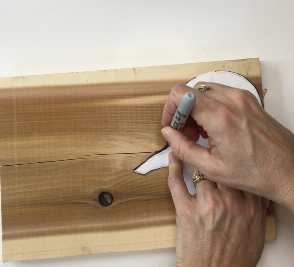 Tracing pumpkin onto piece of wood