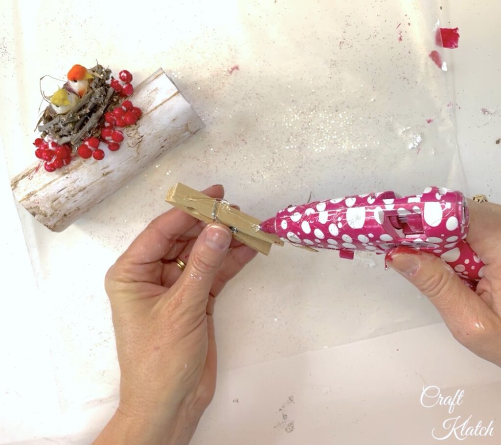 Hot glue clothespin to the bird Christmas tree ornament diy copy