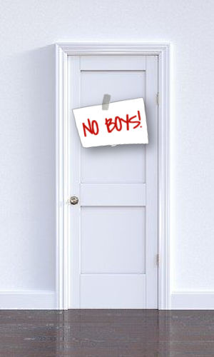 white door with no boys sign