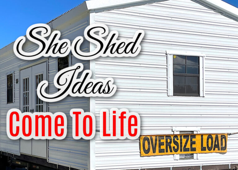 She shed ideas come to life blog thumbnail | white shed with oversize load sign